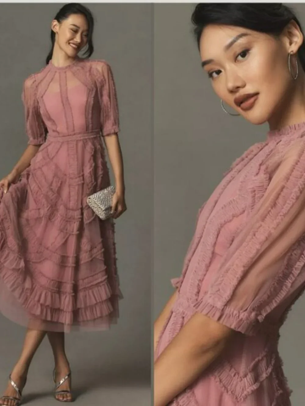 Anthropologie Mac Duggal 8058 Pink High Neck Micro Ruffle Tiered Midi Dress - Picture 2 of 6